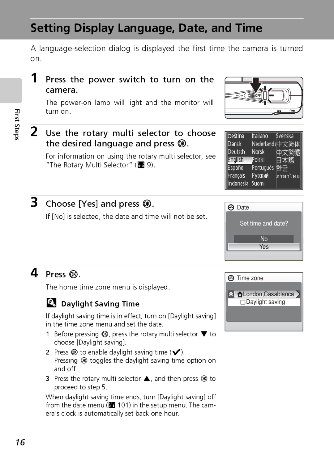 Northern Industrial Tools S500 Setting Display Language, Date, and Time, Press the power switch to turn on the camera 