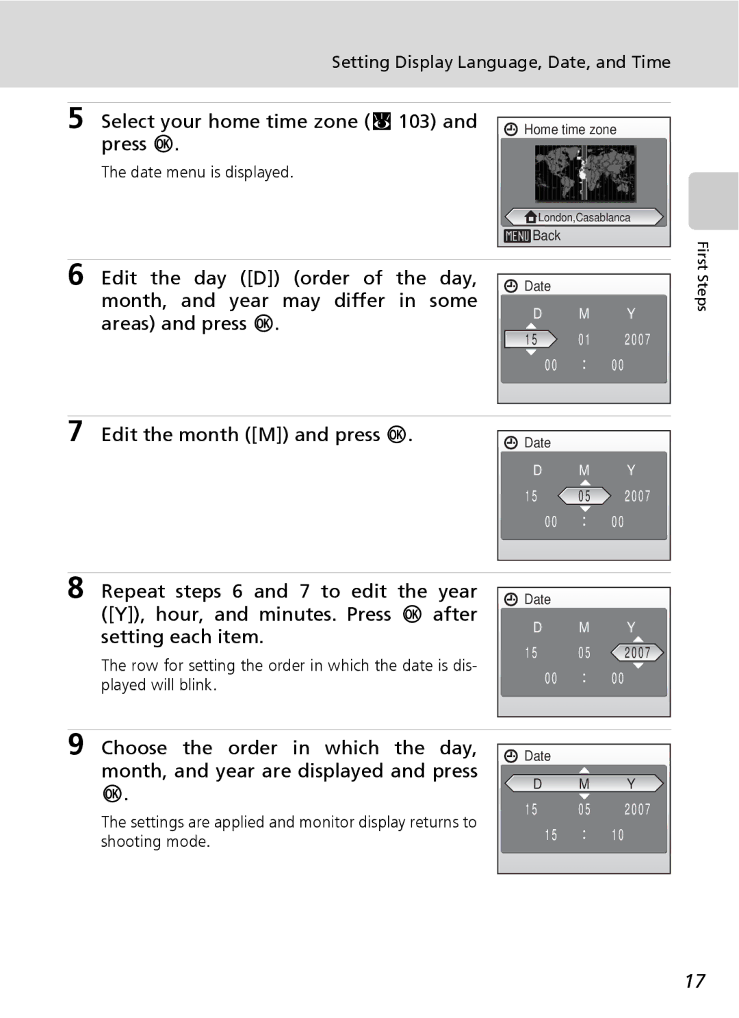 Northern Industrial Tools S500 user manual Select your home time zone c 103 and press d, Edit the month M and press d 