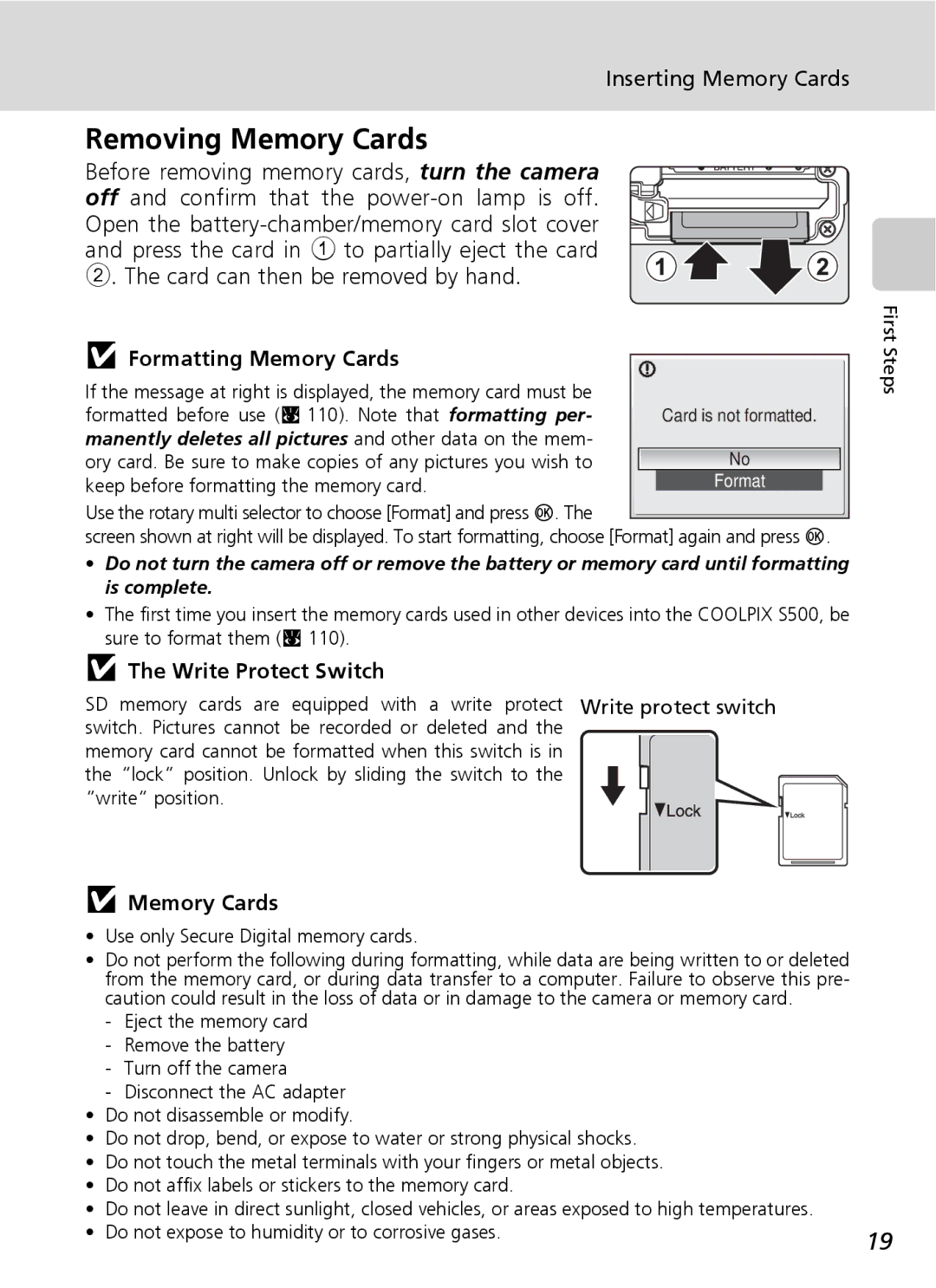 Northern Industrial Tools S500 user manual Removing Memory Cards, Inserting Memory Cards, Formatting Memory Cards 