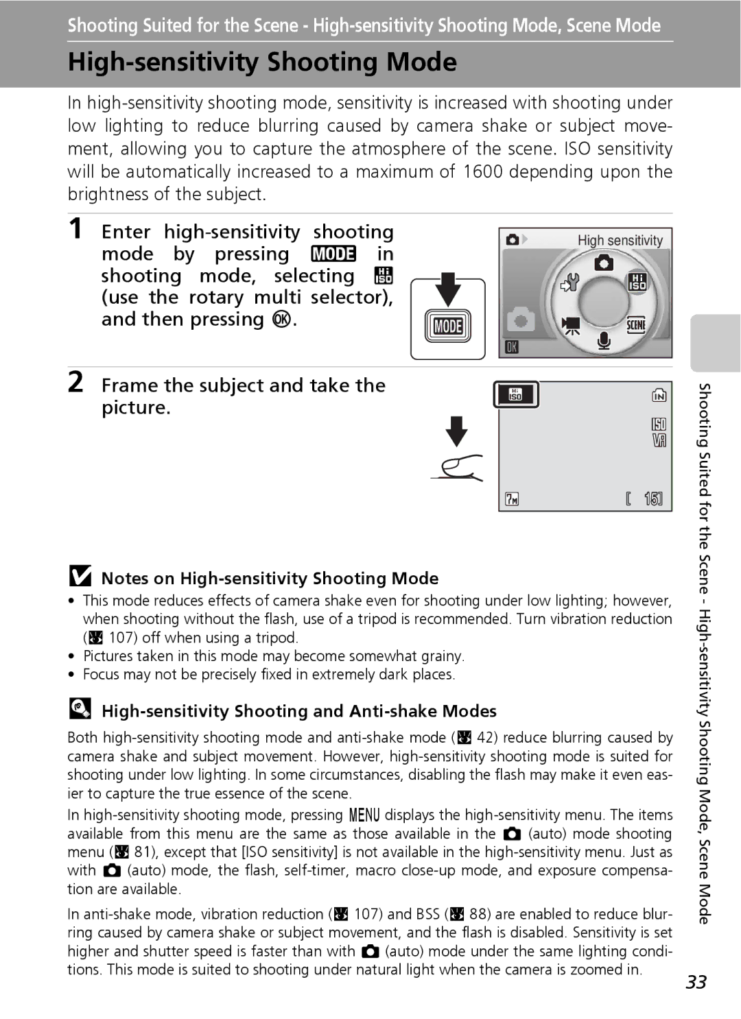 Northern Industrial Tools S500 user manual High-sensitivity Shooting Mode, High-sensitivity Shooting and Anti-shake Modes 