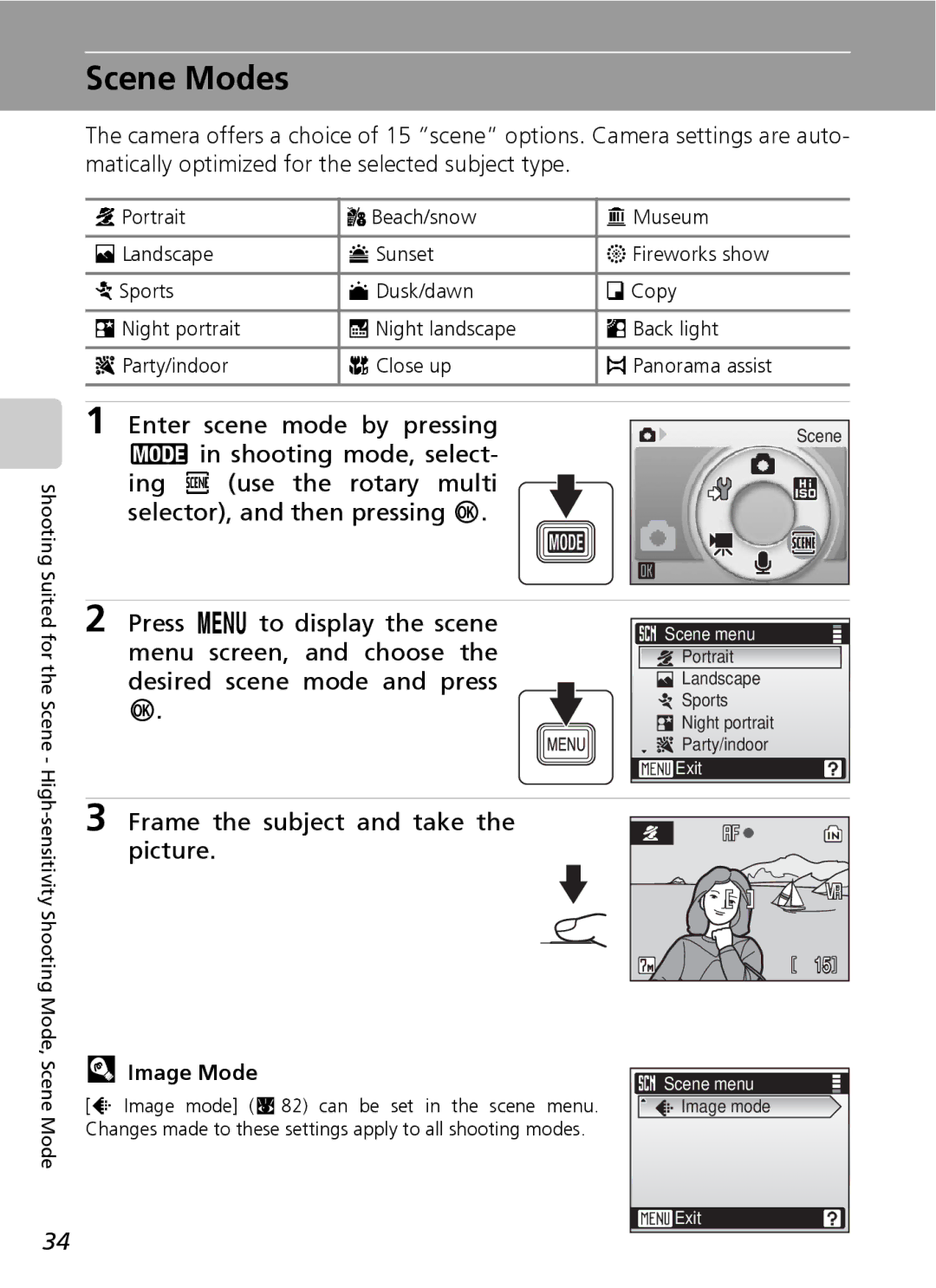 Northern Industrial Tools S500 user manual Scene Modes, Enter scene mode by pressing, Menu screen, and choose 