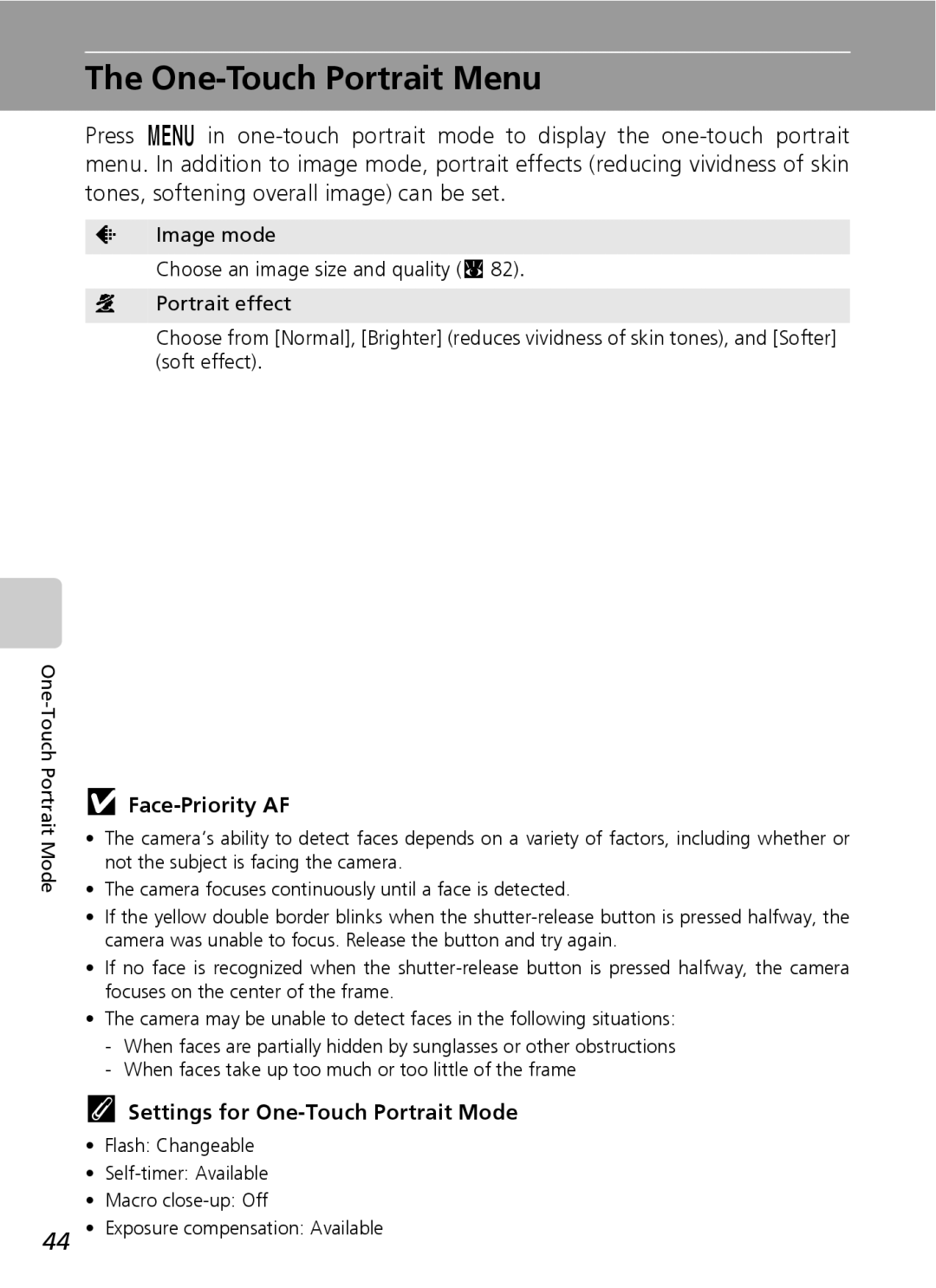 Northern Industrial Tools S500 user manual One-Touch Portrait Menu, Face-Priority AF, Settings for One-Touch Portrait Mode 