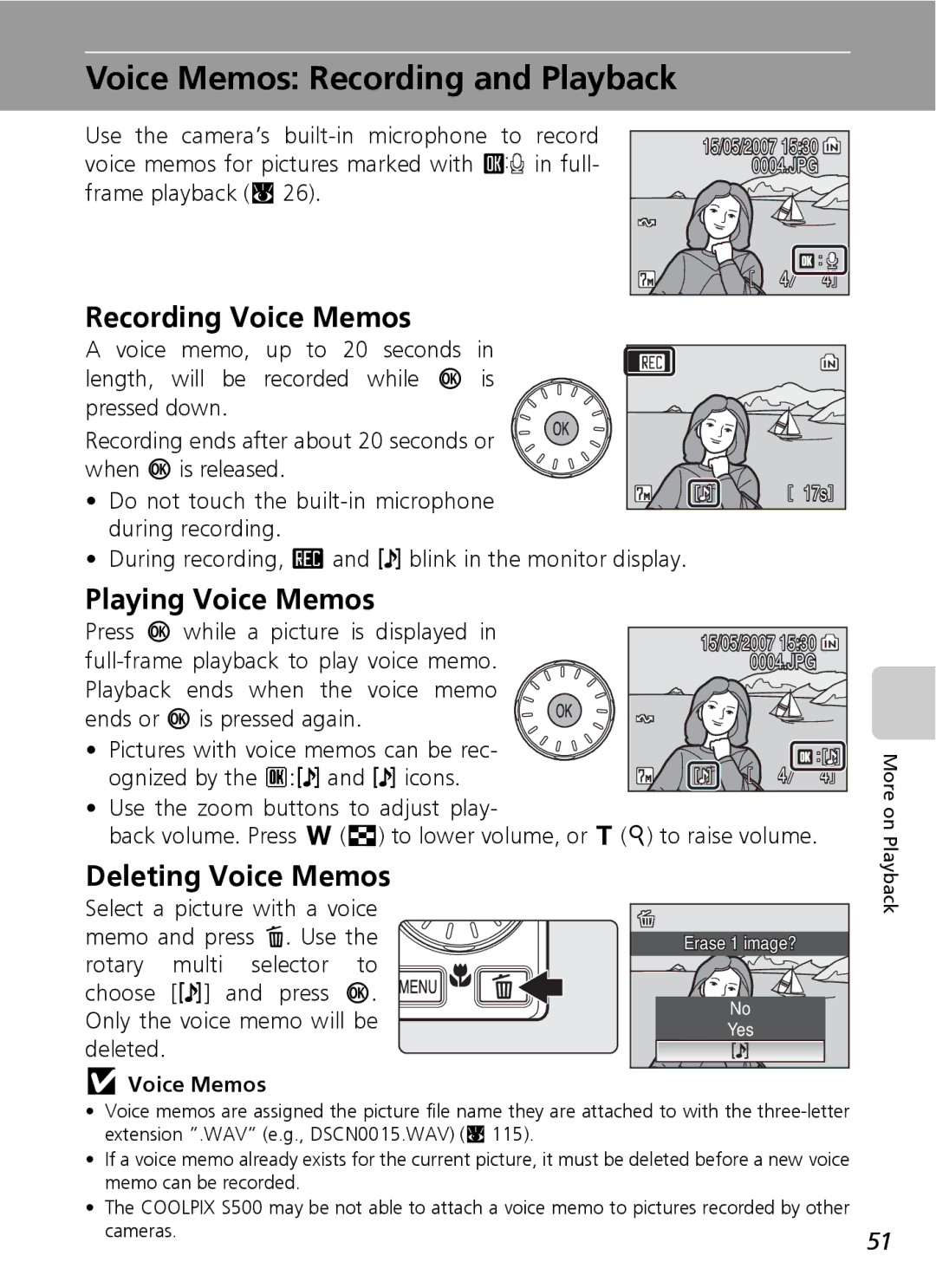 Northern Industrial Tools S500 user manual Voice Memos Recording and Playback, Recording Voice Memos, Playing Voice Memos 