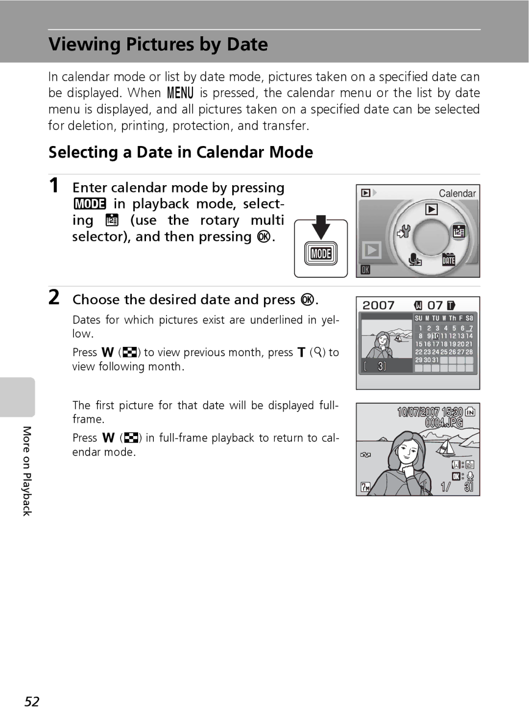 Northern Industrial Tools S500 user manual Viewing Pictures by Date, Selecting a Date in Calendar Mode 