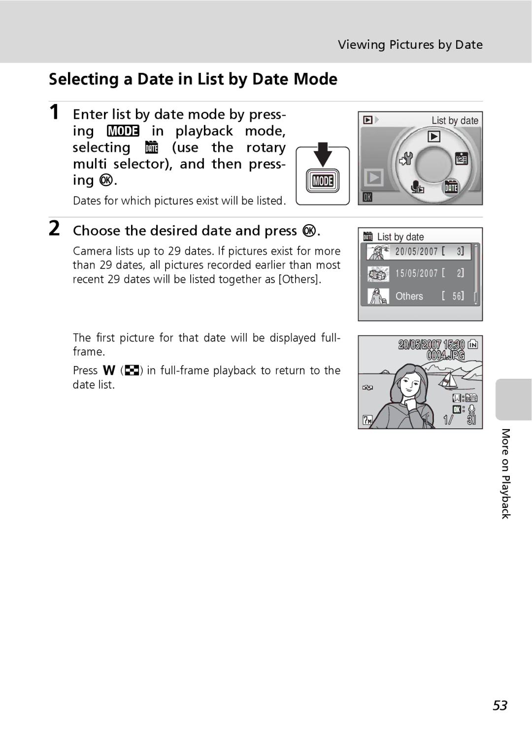 Northern Industrial Tools S500 user manual Enter list by date mode by press, Viewing Pictures by Date 