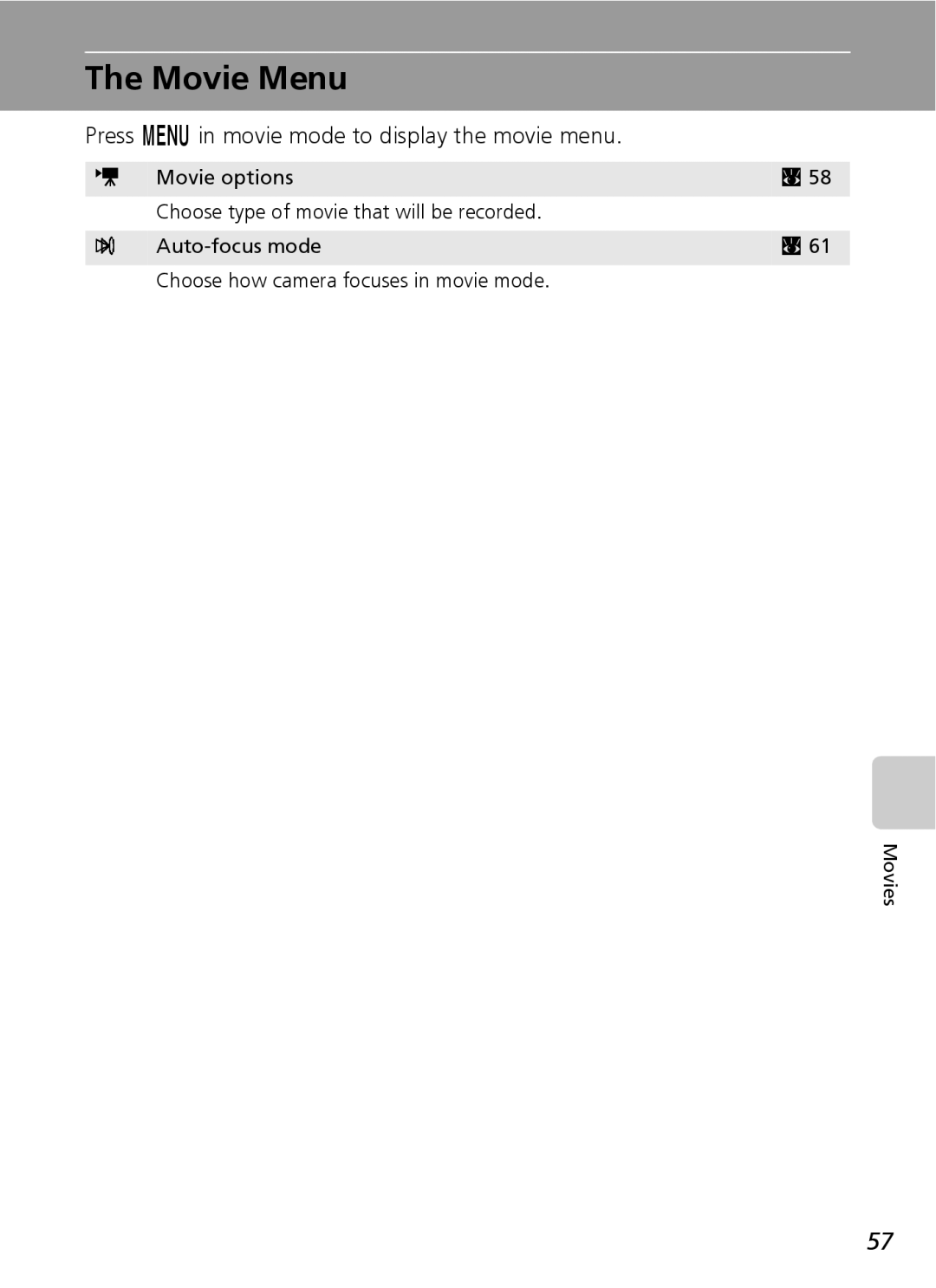 Northern Industrial Tools S500 user manual Movie Menu, Press m in movie mode to display the movie menu 