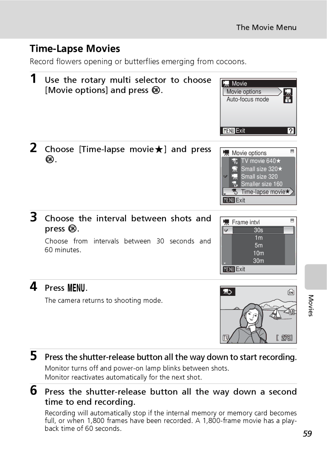 Northern Industrial Tools S500 user manual Time-Lapse Movies, Choose Time-lapse movieA and press d, Back time of 60 seconds 