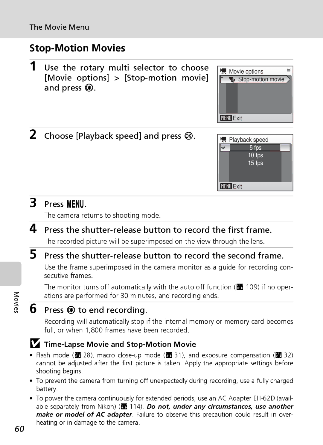 Northern Industrial Tools S500 user manual Stop-Motion Movies, Choose Playback speed and press d, Press d to end recording 