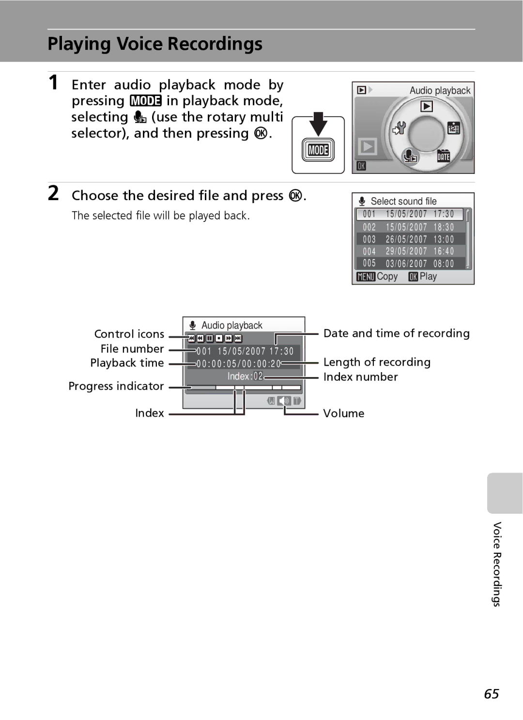 Northern Industrial Tools S500 user manual Playing Voice Recordings, Choose the desired file and press d 