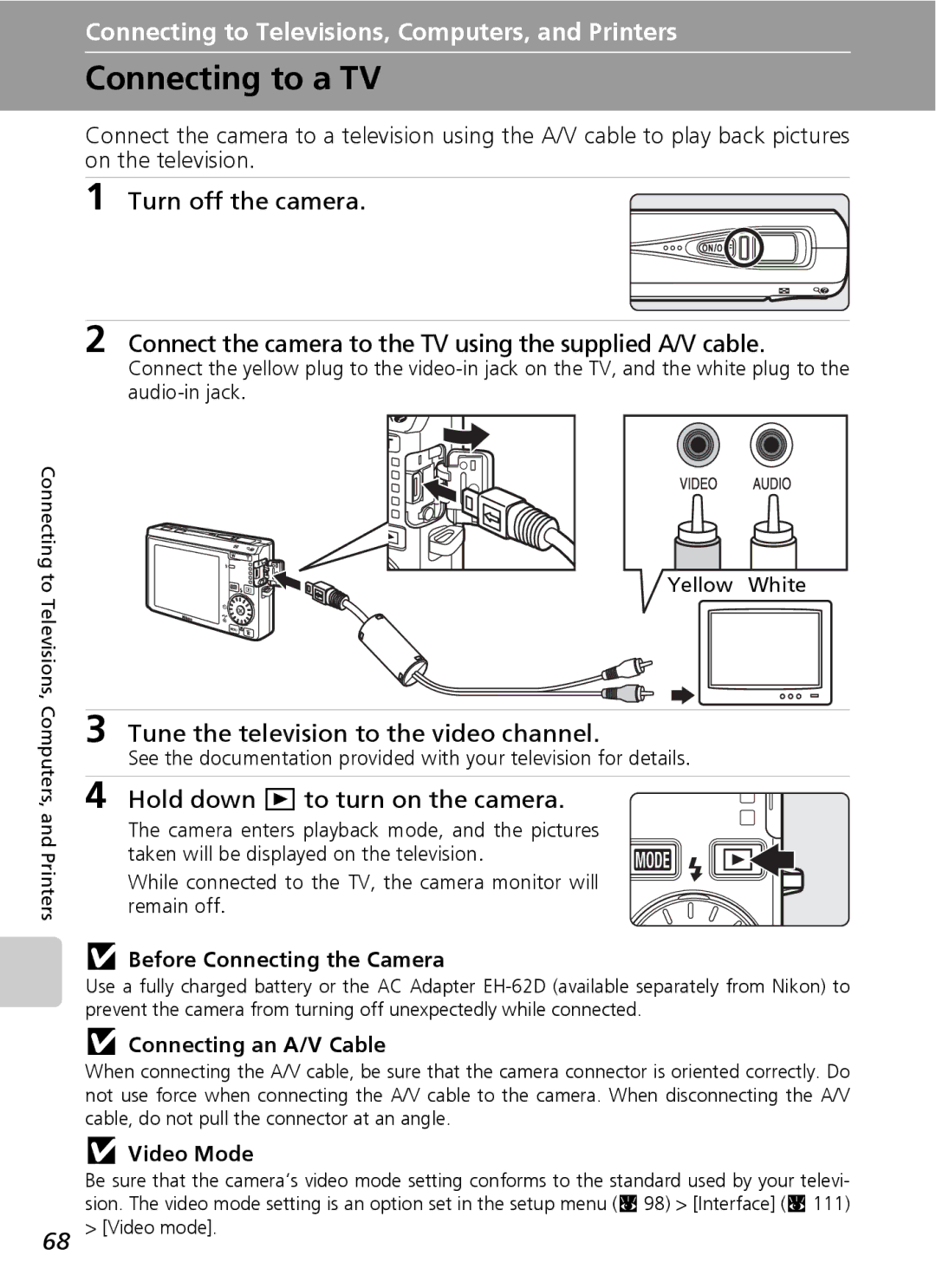 Northern Industrial Tools S500 Connecting to a TV, Before Connecting the Camera, Connecting an A/V Cable, Video Mode 