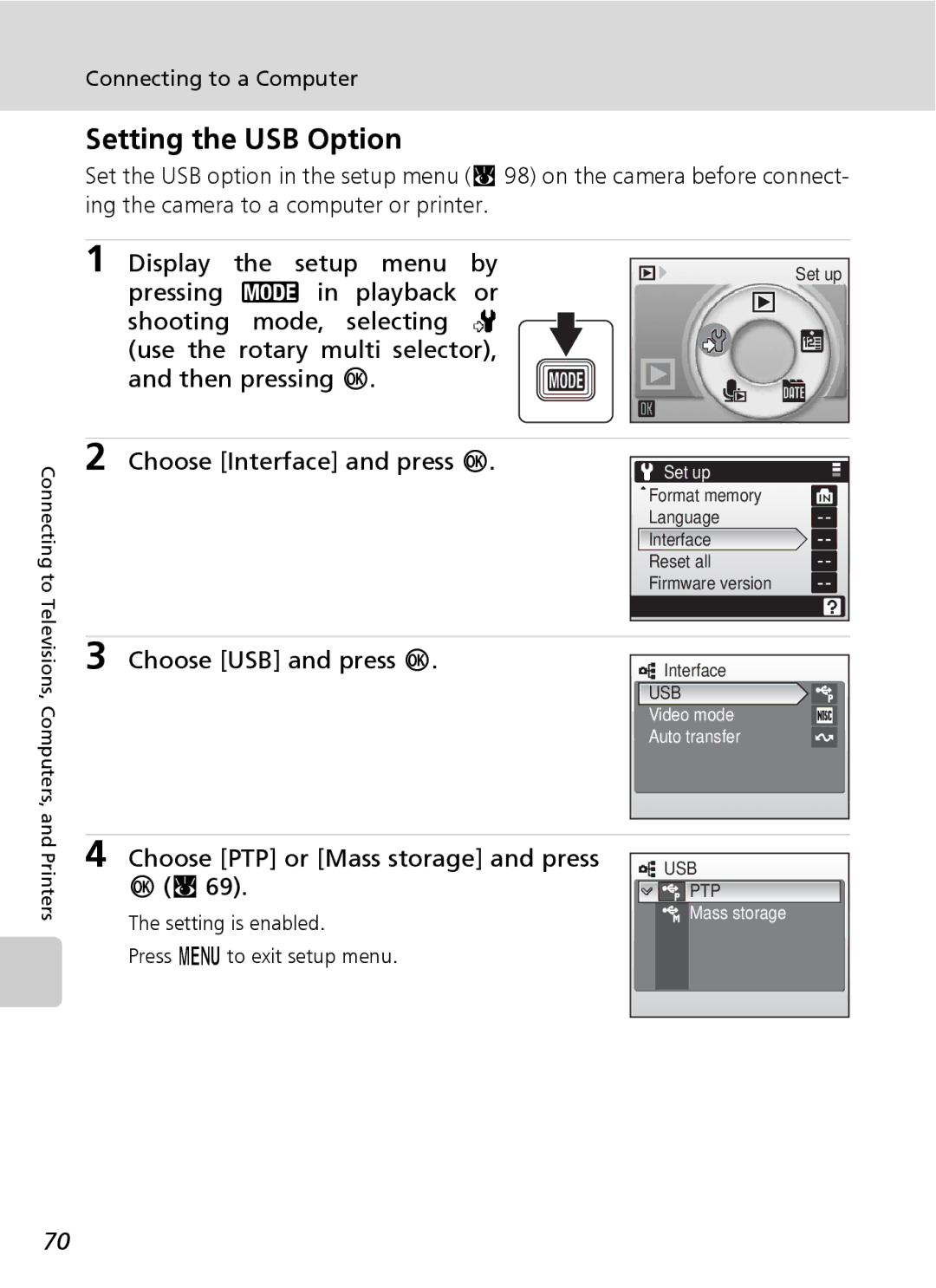 Northern Industrial Tools S500 user manual Setting the USB Option, Display the setup menu, Choose Interface and press d 