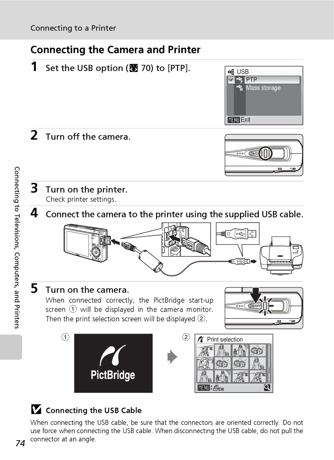 Northern Industrial Tools S500 Connecting the Camera and Printer, Set the USB option c 70 to PTP, Connecting to a Printer 