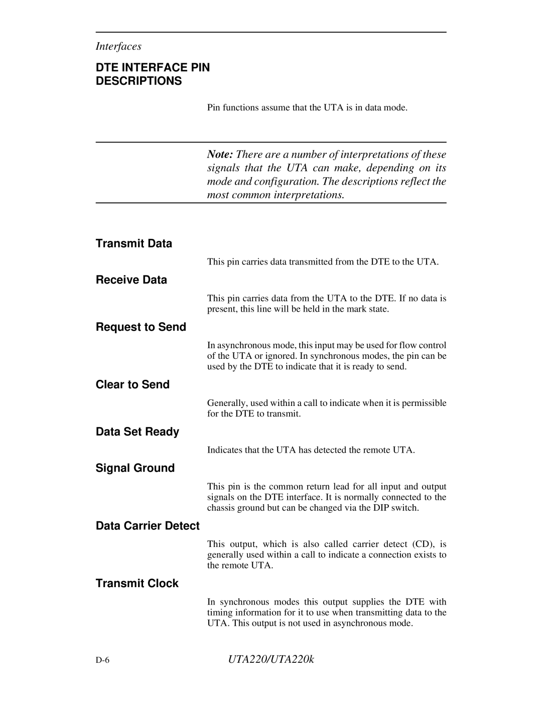 Northern UTA220/UTA220k manual DTE Interface PIN Descriptions 