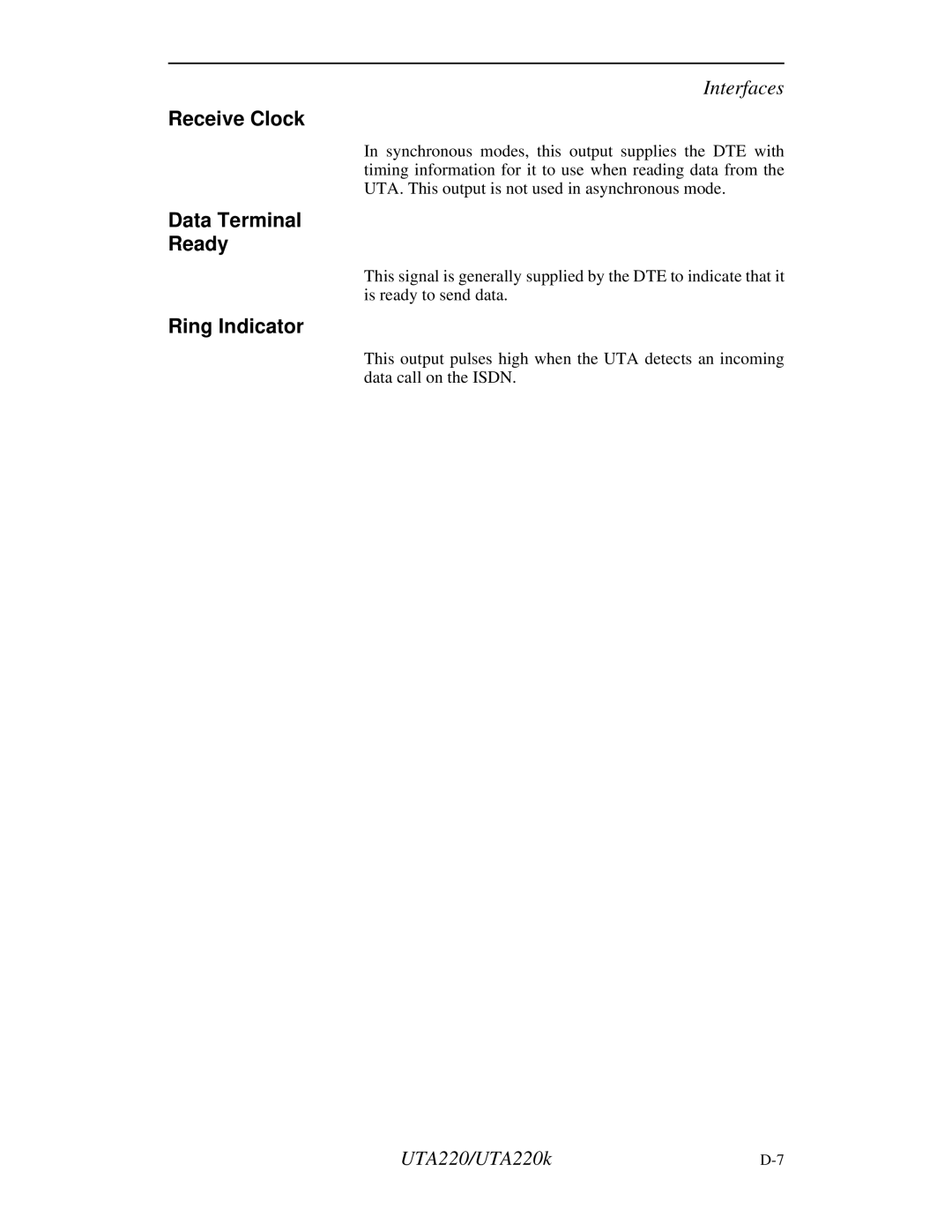 Northern UTA220/UTA220k manual Receive Clock, Data Terminal Ready, Ring Indicator 