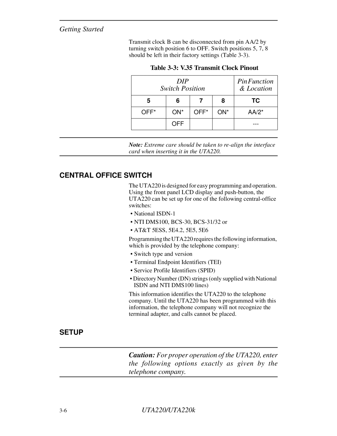 Northern UTA220/UTA220k manual Central Office Switch, Setup 