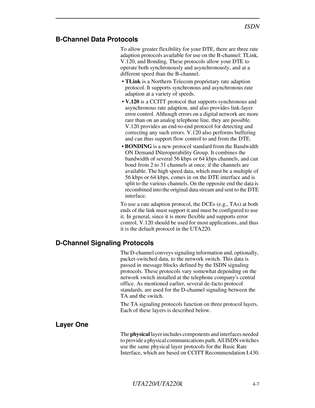 Northern UTA220/UTA220k manual Channel Data Protocols, Channel Signaling Protocols, Layer One 