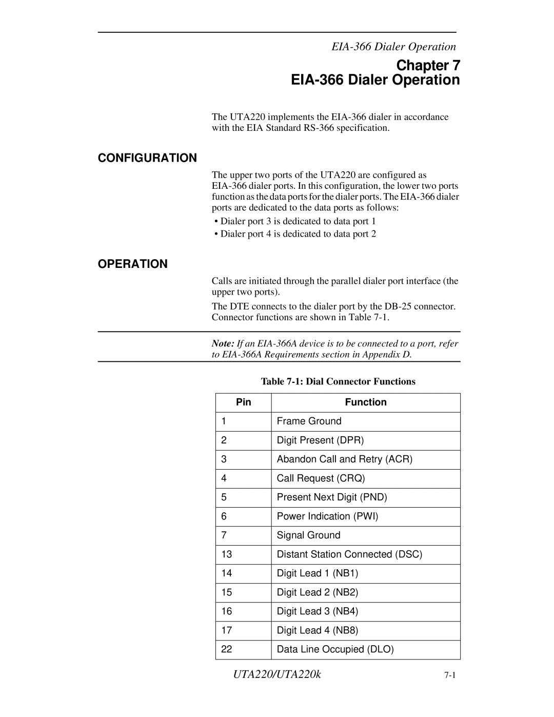 Northern UTA220/UTA220k manual Chapter EIA-366 Dialer Operation, Configuration, Pin Function 