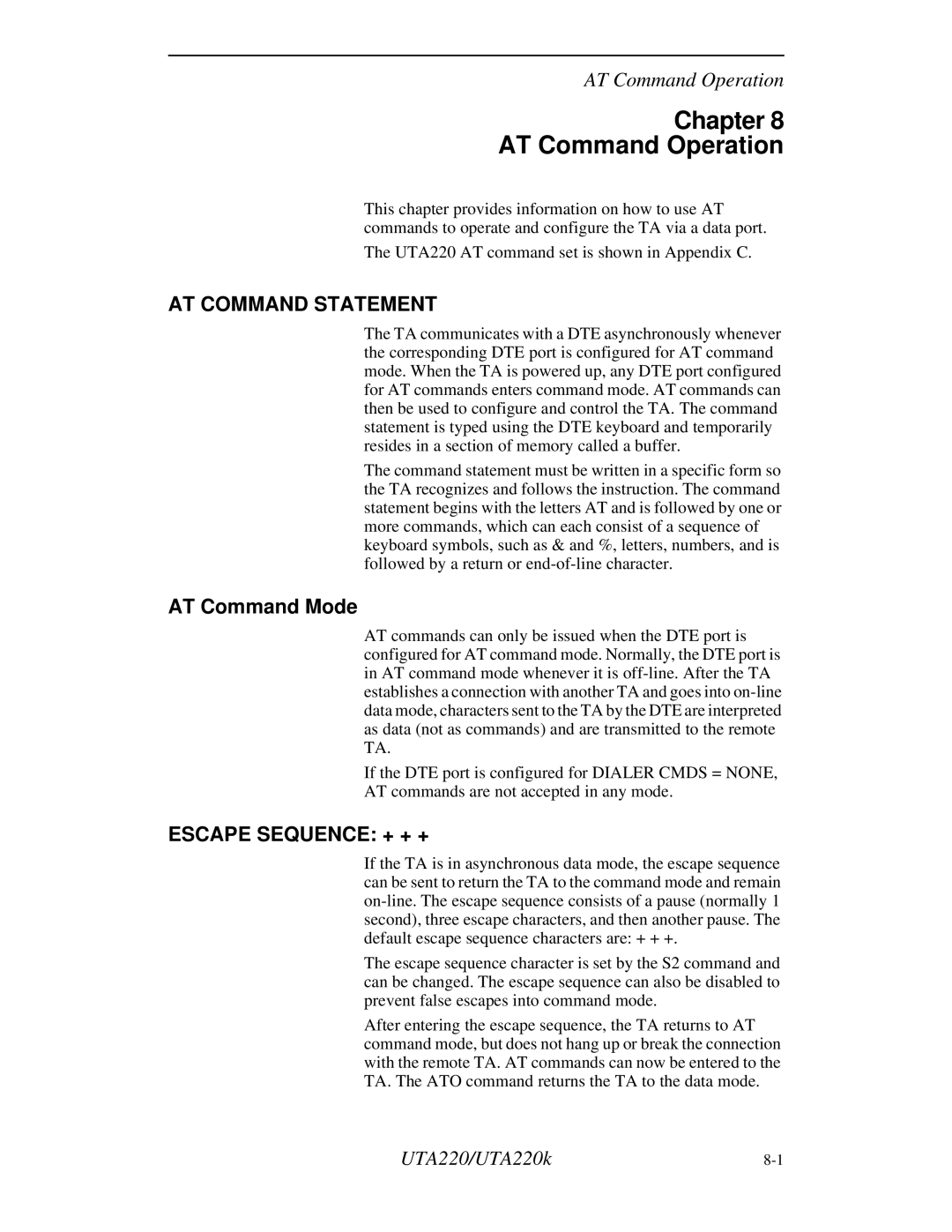 Northern UTA220/UTA220k manual Chapter AT Command Operation, AT Command Statement, AT Command Mode, Escape Sequence + + + 