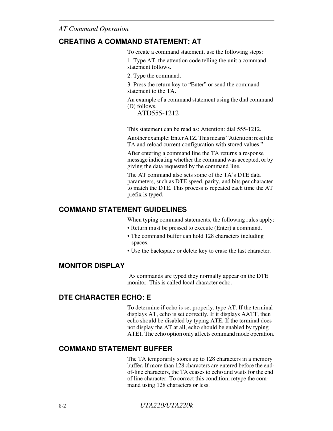 Northern UTA220/UTA220k manual Creating a Command Statement AT, Command Statement Guidelines, Monitor Display 