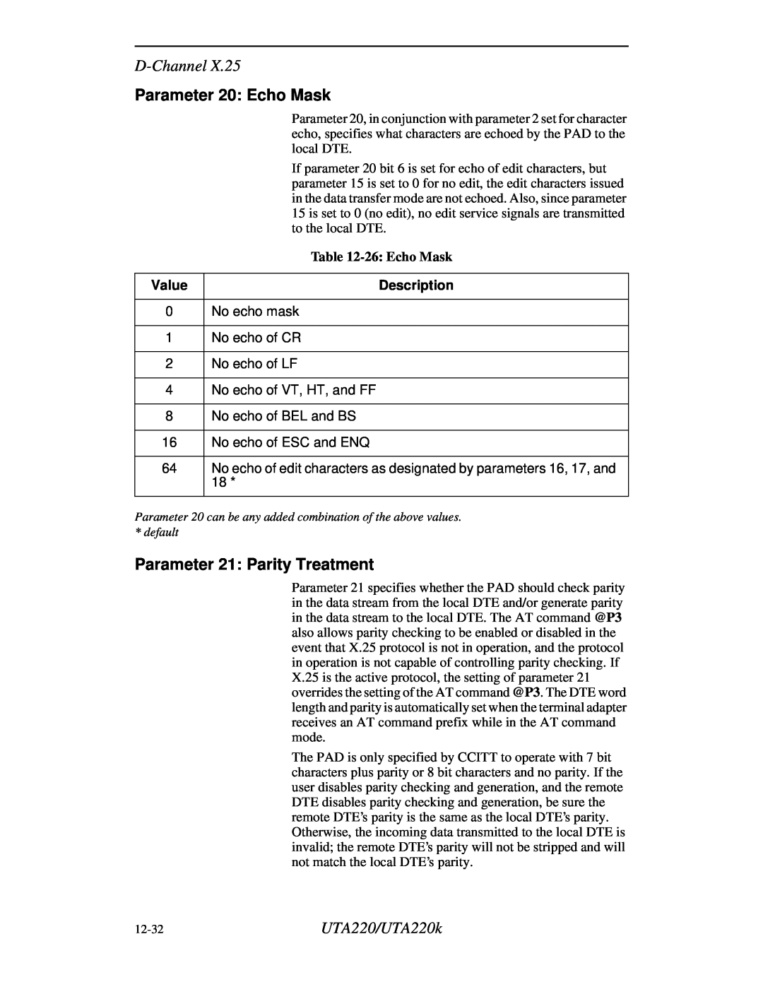 Northern UTA220/UTA220k manual Parameter 20 Echo Mask, Parameter 21 Parity Treatment, D-Channel, Value, Description 