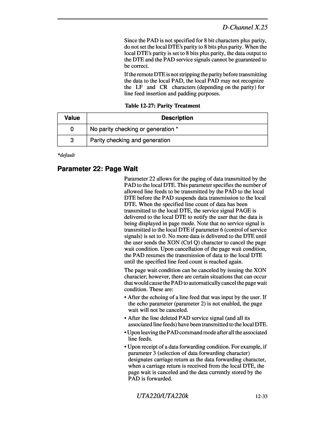 Northern UTA220/UTA220k manual Parameter 22 Page Wait, D-Channel, 27 Parity Treatment, Value 