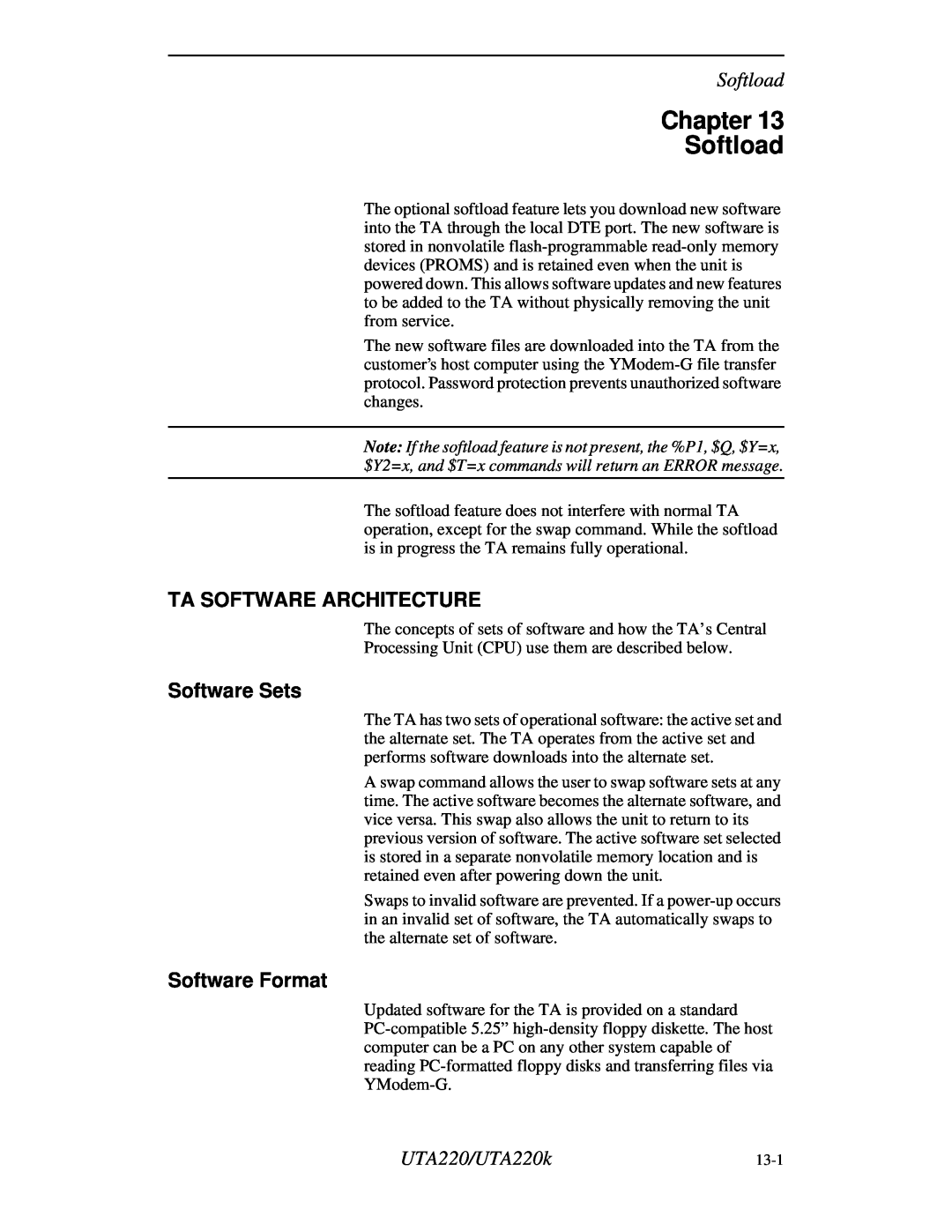 Northern UTA220/UTA220k manual Chapter Softload, Ta Software Architecture, Software Sets, Software Format 
