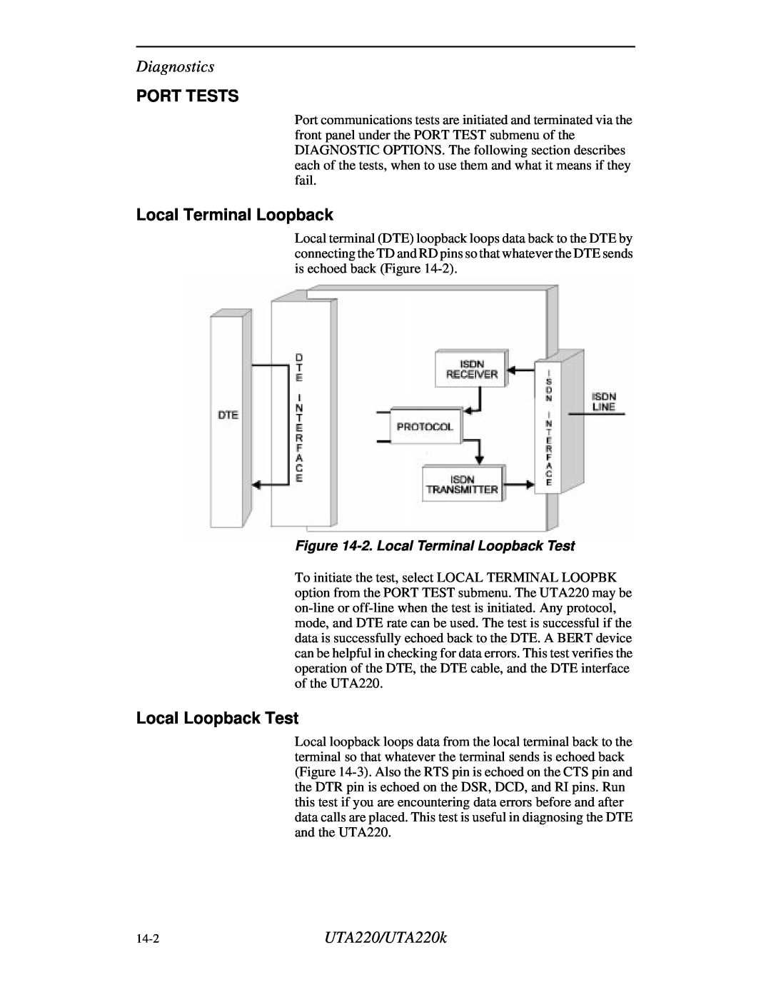 Northern UTA220/UTA220k manual Port Tests, Local Loopback Test, 2. Local Terminal Loopback Test, Diagnostics 