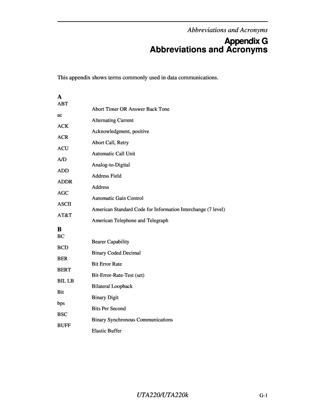 Northern UTA220/UTA220k manual Appendix G Abbreviations and Acronyms 