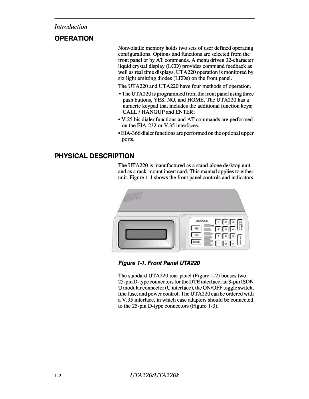 Northern UTA220/UTA220k manual Operation, Physical Description, 1. Front Panel UTA220, Introduction 