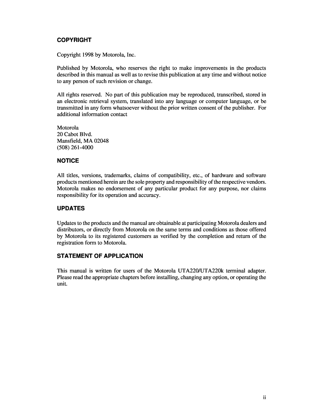 Northern UTA220/UTA220k manual Copyright, Updates, Statement Of Application 
