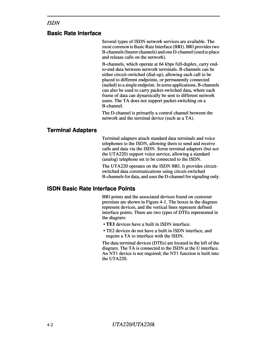 Northern UTA220/UTA220k manual Terminal Adapters, ISDN Basic Rate Interface Points, Isdn 