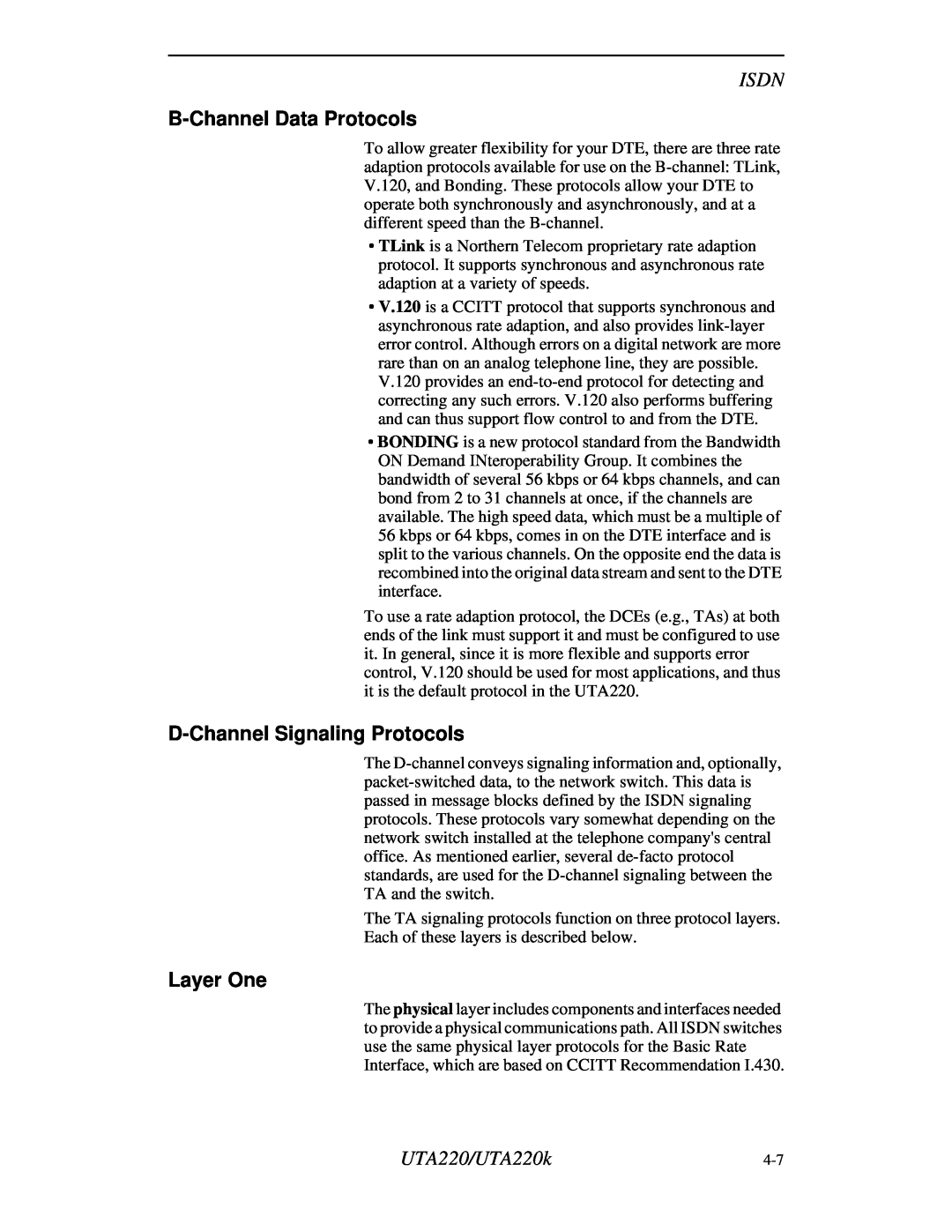Northern UTA220/UTA220k manual B-Channel Data Protocols, D-Channel Signaling Protocols, Layer One, Isdn 