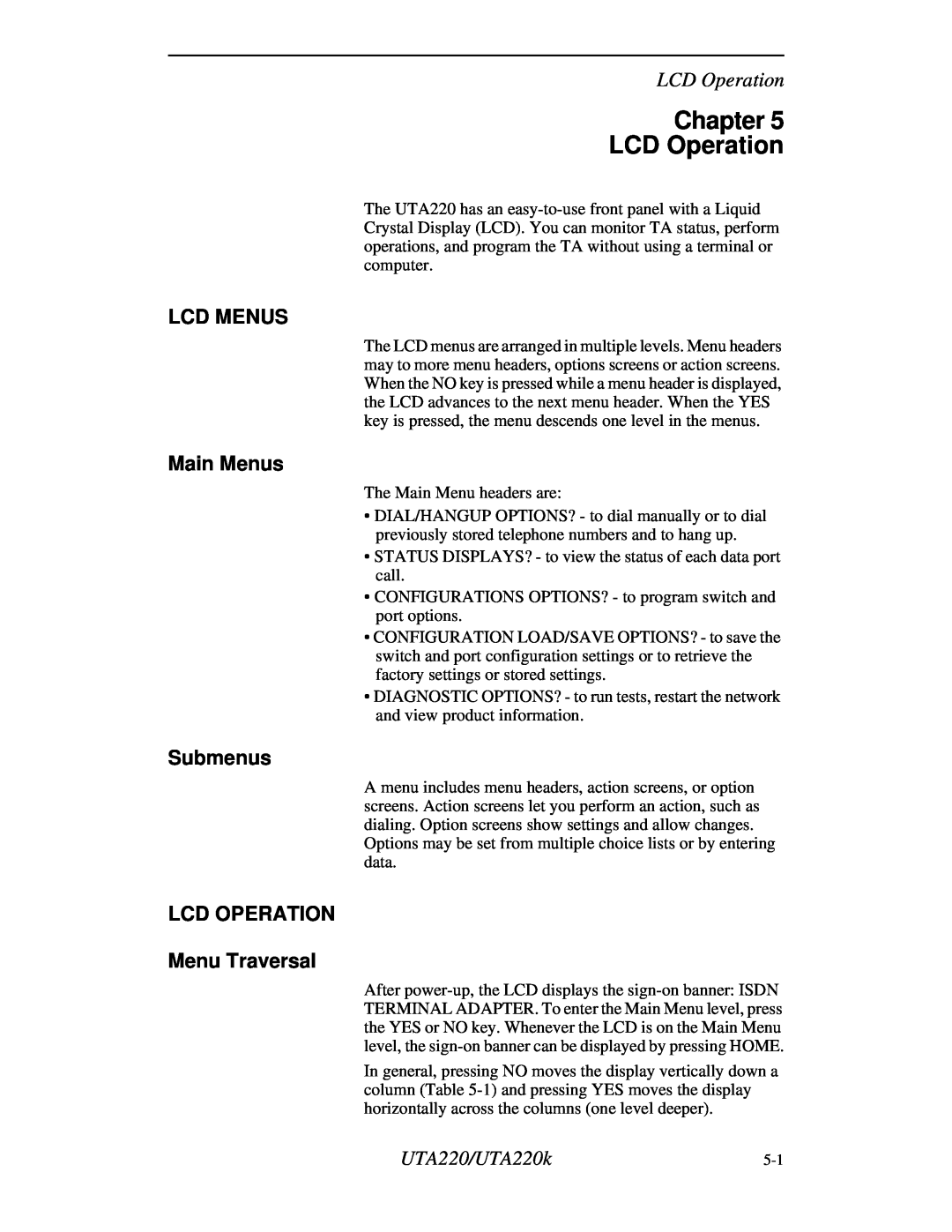 Northern UTA220/UTA220k manual Chapter LCD Operation, Lcd Menus, Main Menus, Submenus, LCD OPERATION Menu Traversal 