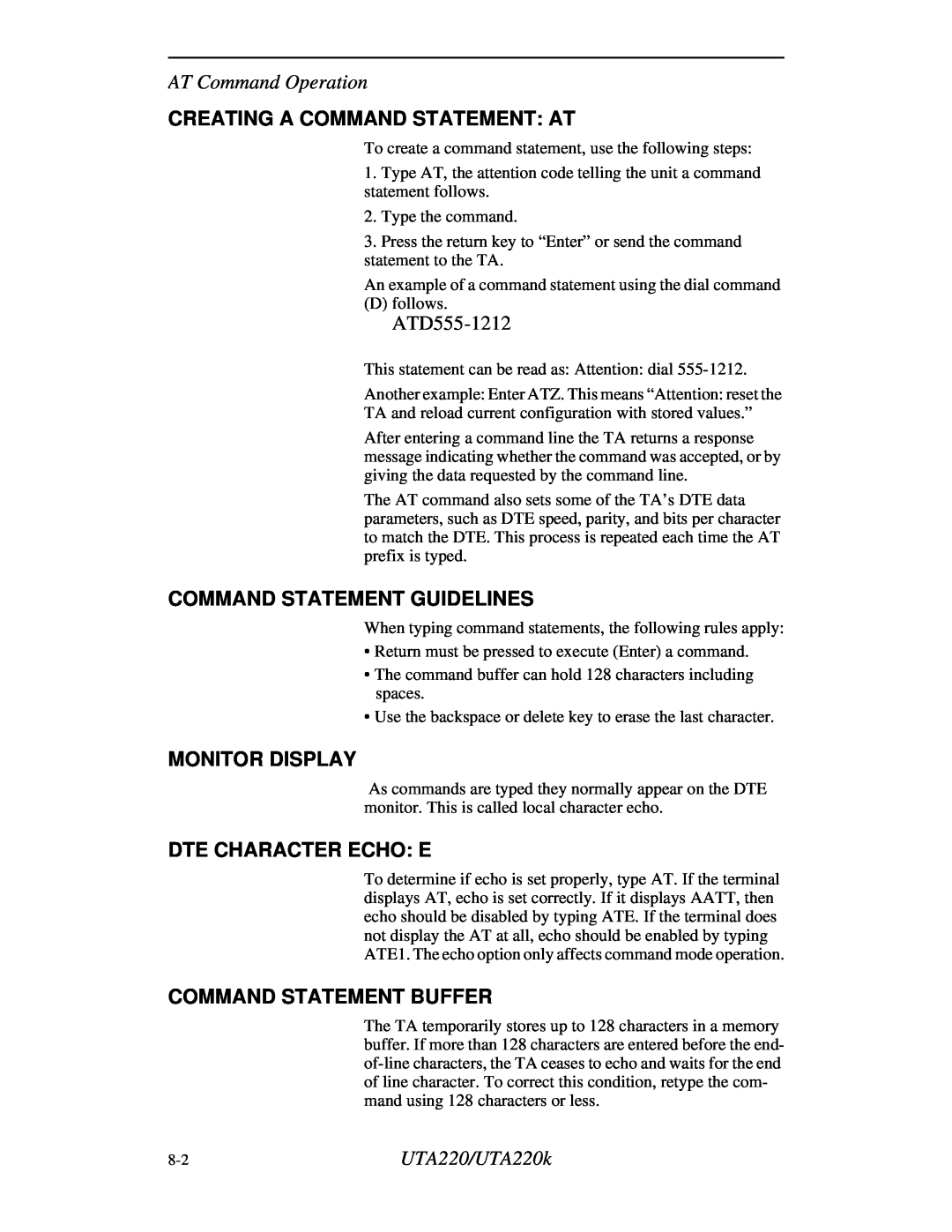 Northern UTA220/UTA220k manual Creating A Command Statement At, ATD555-1212, Command Statement Guidelines, Monitor Display 
