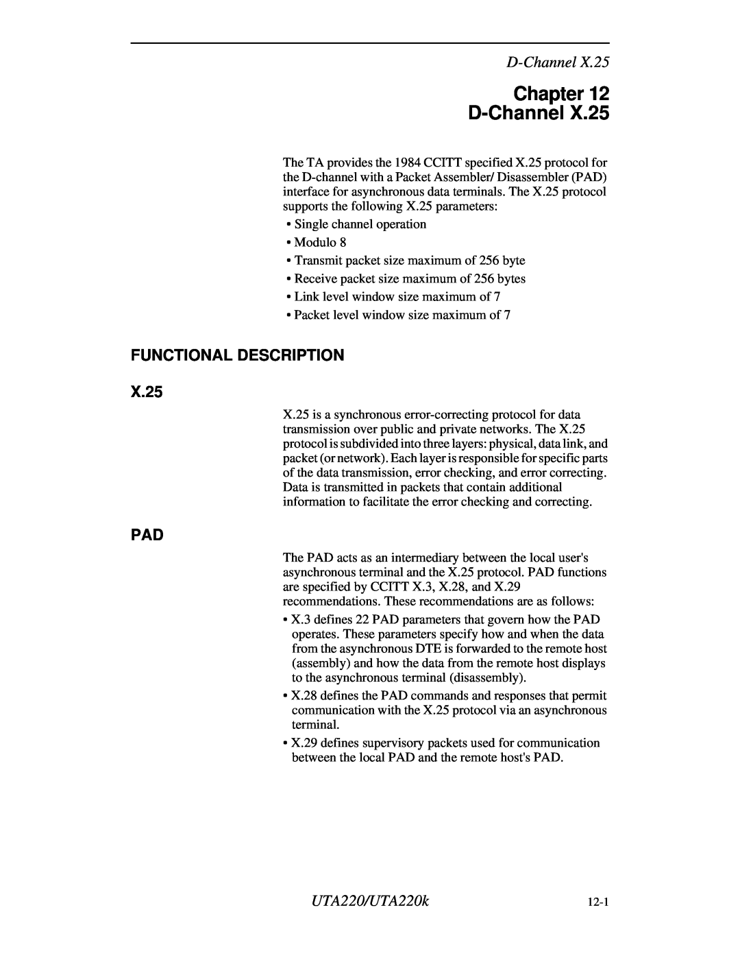 Northern UTA220/UTA220k manual Chapter D-Channel, FUNCTIONAL DESCRIPTION X.25 