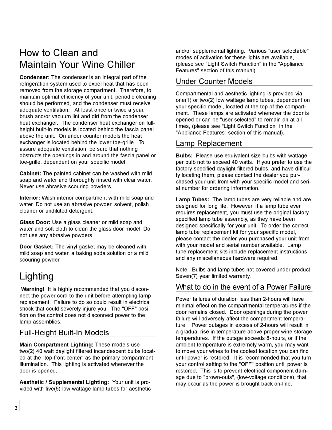 Northland Kitchen Appliance Northland Kitchen Appliance manual How to Clean and Maintain Your Wine Chiller, Lighting 