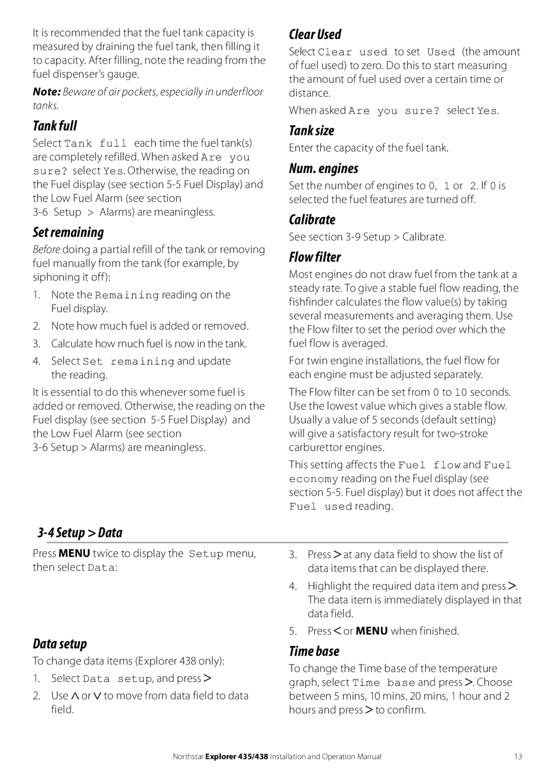 NorthStar Navigation 435 Tank full, Set remaining, Clear Used, Tank size, Num. engines, Calibrate, Flow filter, Setup Data 