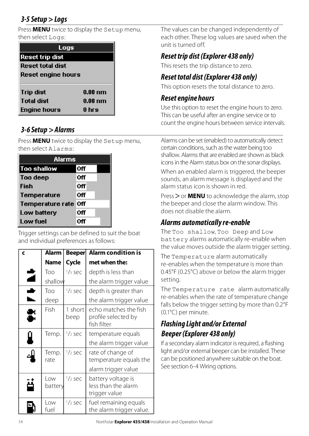 NorthStar Navigation Setup Logs, Setup Alarms, Reset trip dist Explorer 438 only, Reset total dist Explorer 438 only 