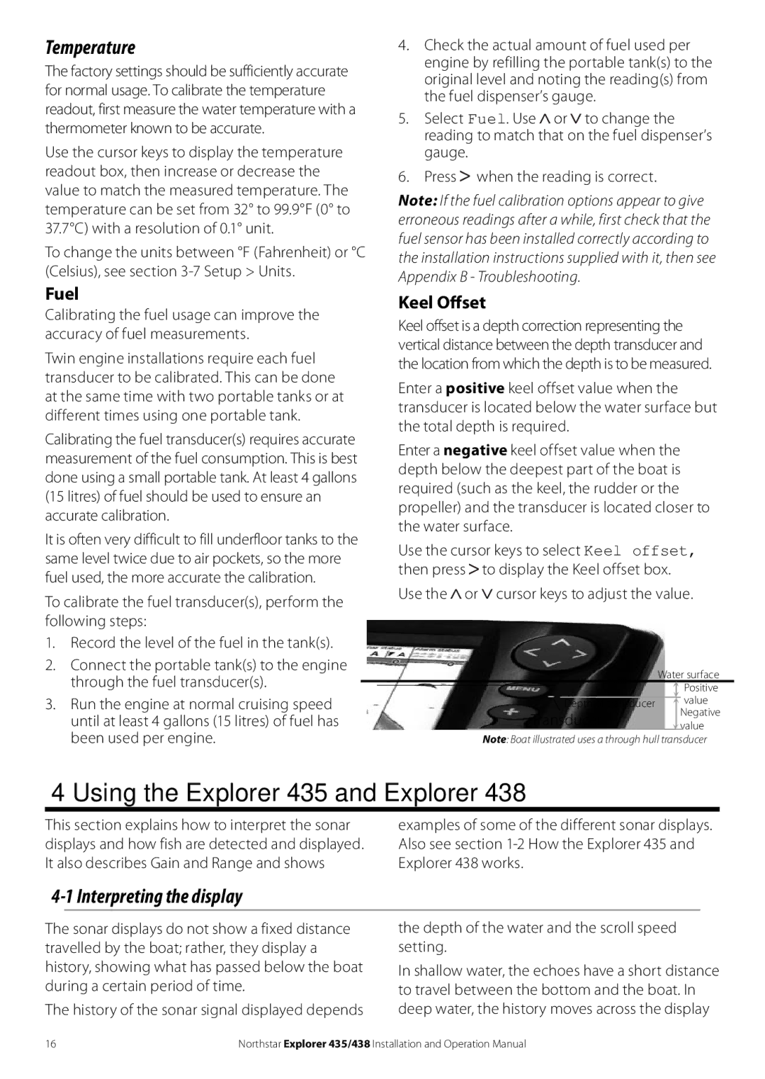 NorthStar Navigation 438 operation manual Using the Explorer 435 and Explorer, Interpreting the display, Transducer 