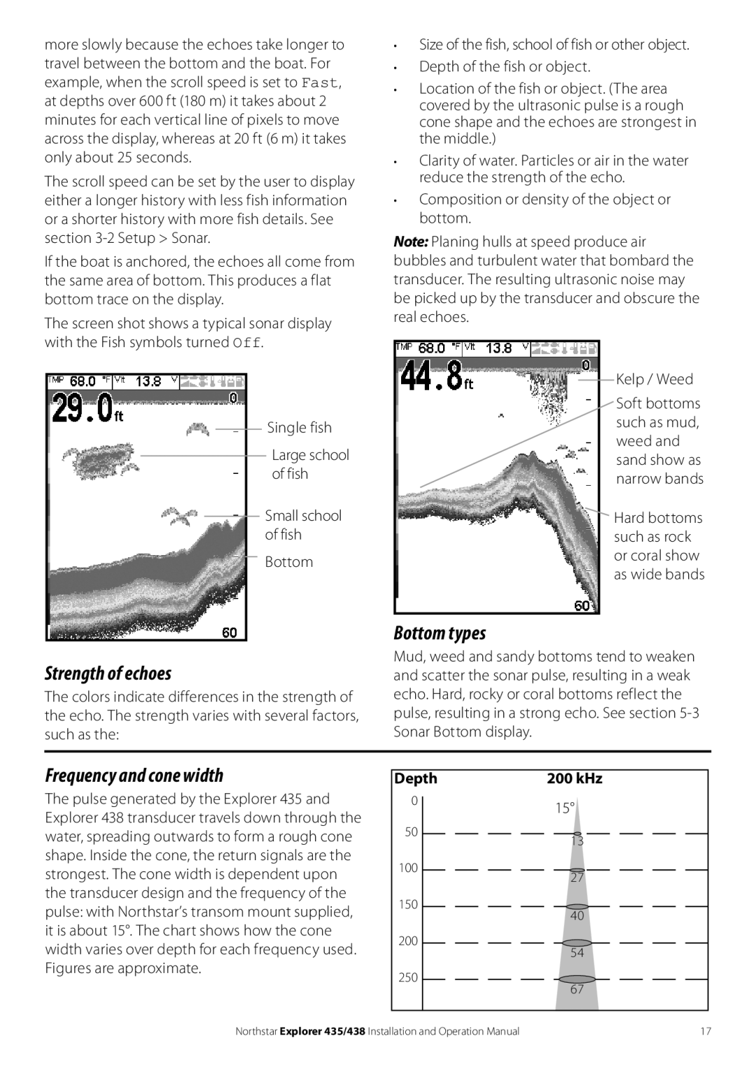 NorthStar Navigation 435, 438 operation manual Bottom types Strength of echoes, Frequency and cone width, Depth, 015 