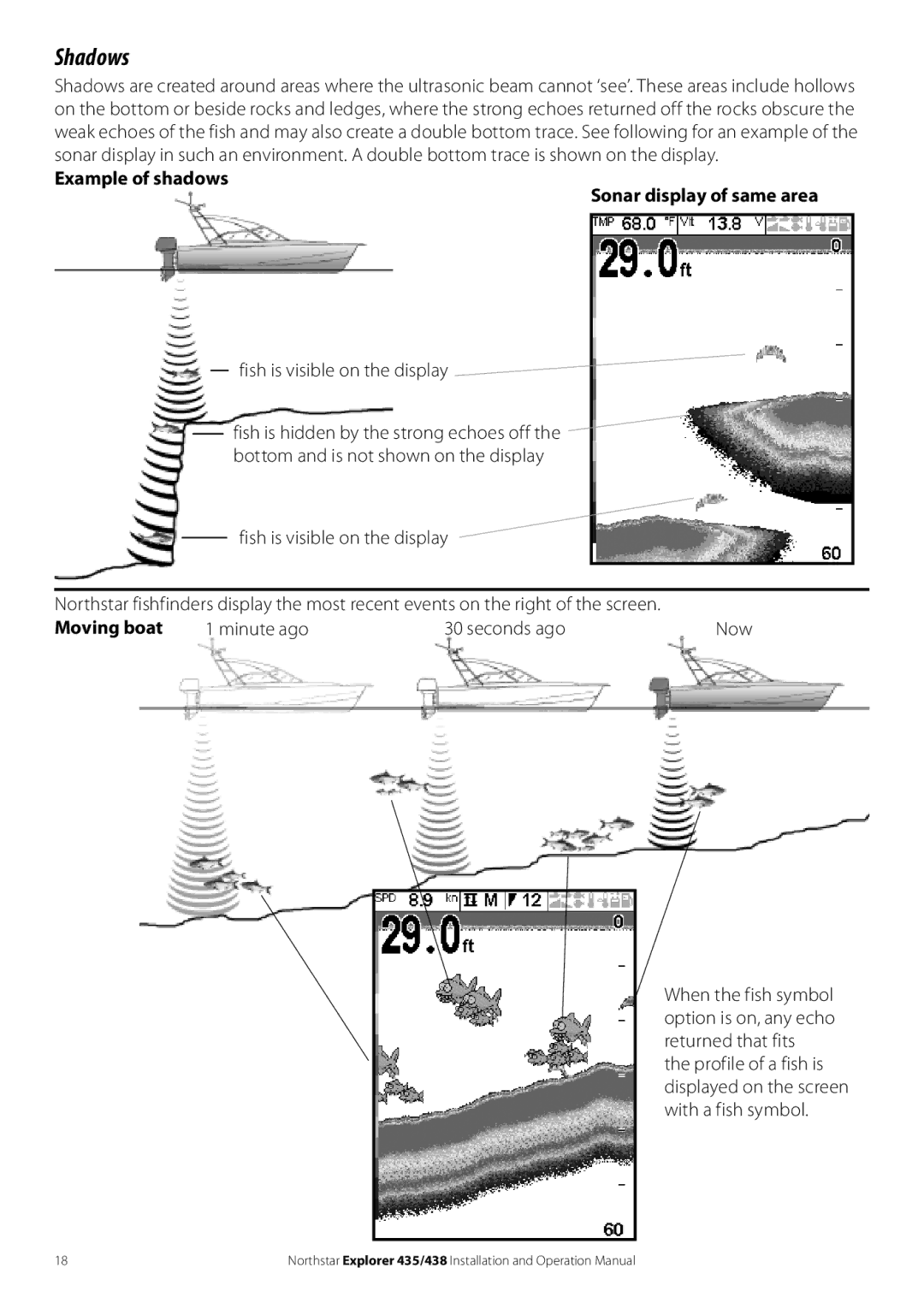 NorthStar Navigation 438, 435 Shadows, Example of shadows Sonar display of same area, Fish is visible on the display 