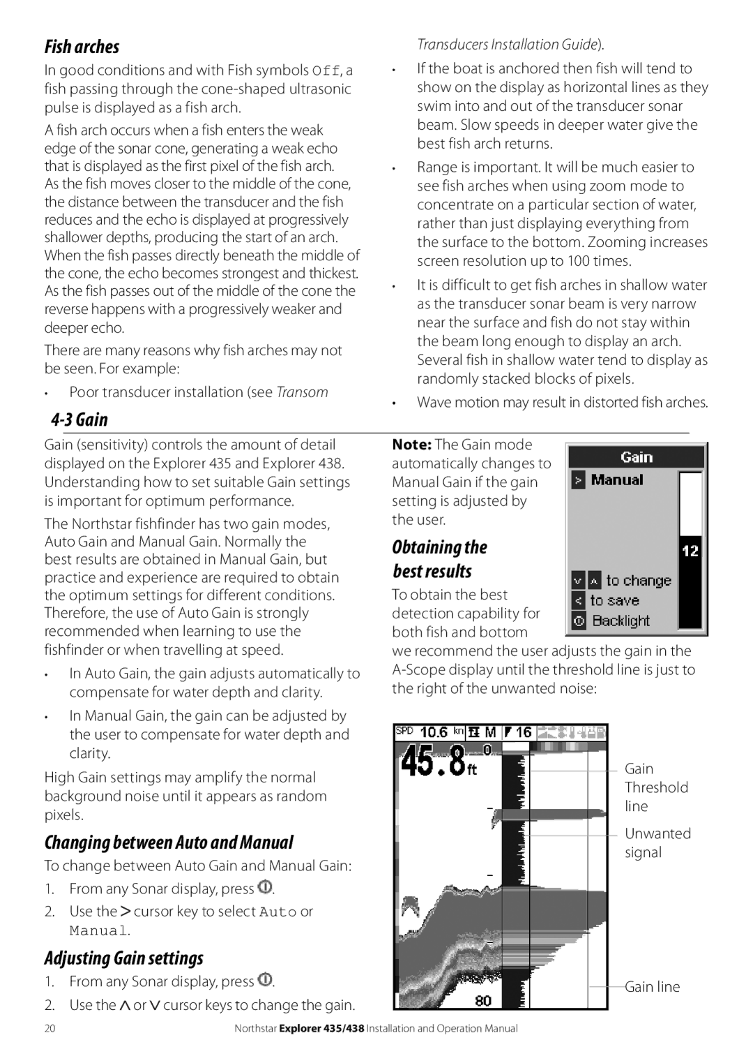 NorthStar Navigation 438, 435 operation manual Fish arches, Changing between Auto and Manual, Adjusting Gain settings 