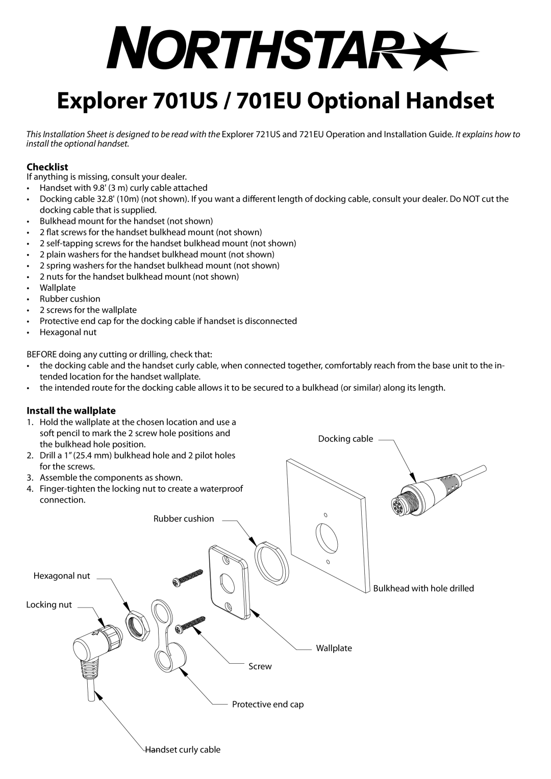 NorthStar Navigation manual Explorer 701US / 701EU Optional Handset, Checklist, Install the wallplate 