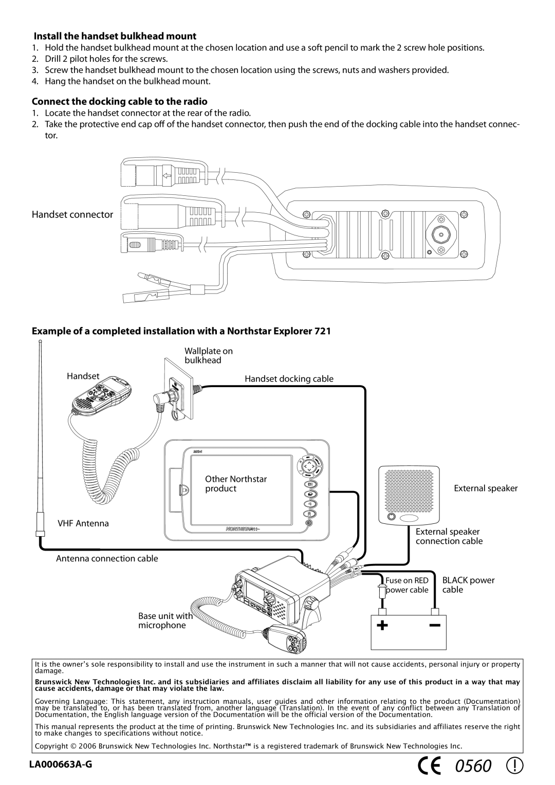 NorthStar Navigation 701US Install the handset bulkhead mount, Connect the docking cable to the radio, Handset connector 