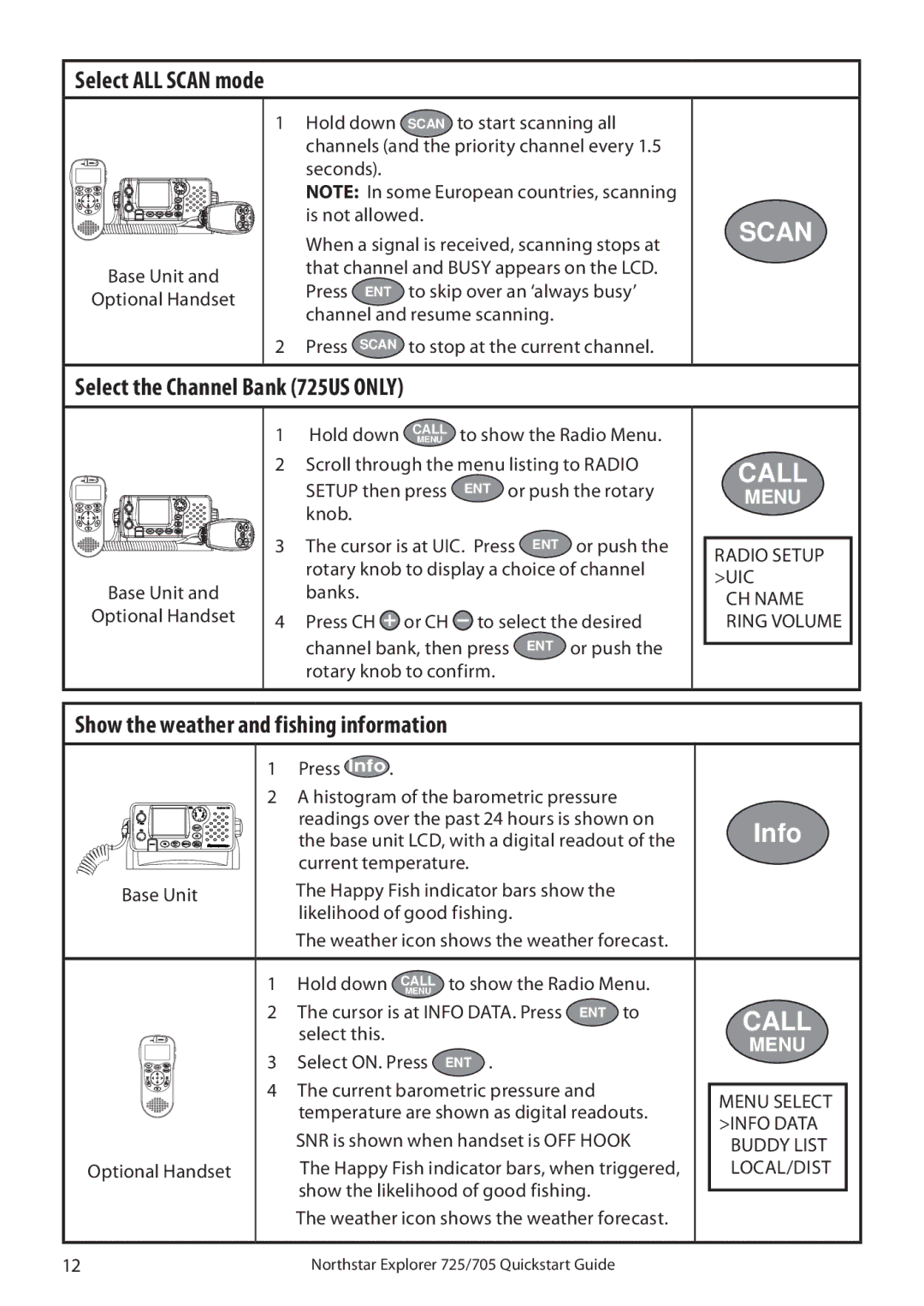 NorthStar Navigation 705 quick start Select ALL Scan mode, Select the Channel Bank 725US only 