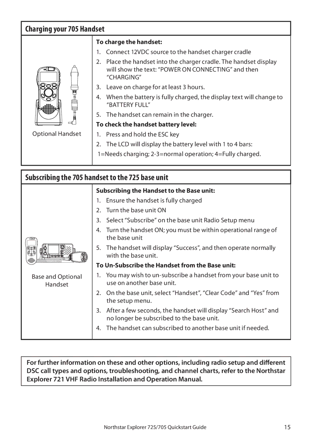 NorthStar Navigation quick start Charging your 705 Handset, Subscribing the 705 handset to the 725 base unit 