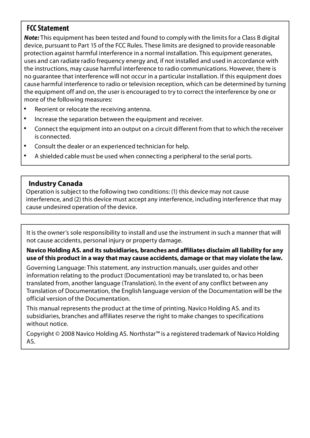 NorthStar Navigation 725, 705 quick start FCC Statement, Industry Canada 