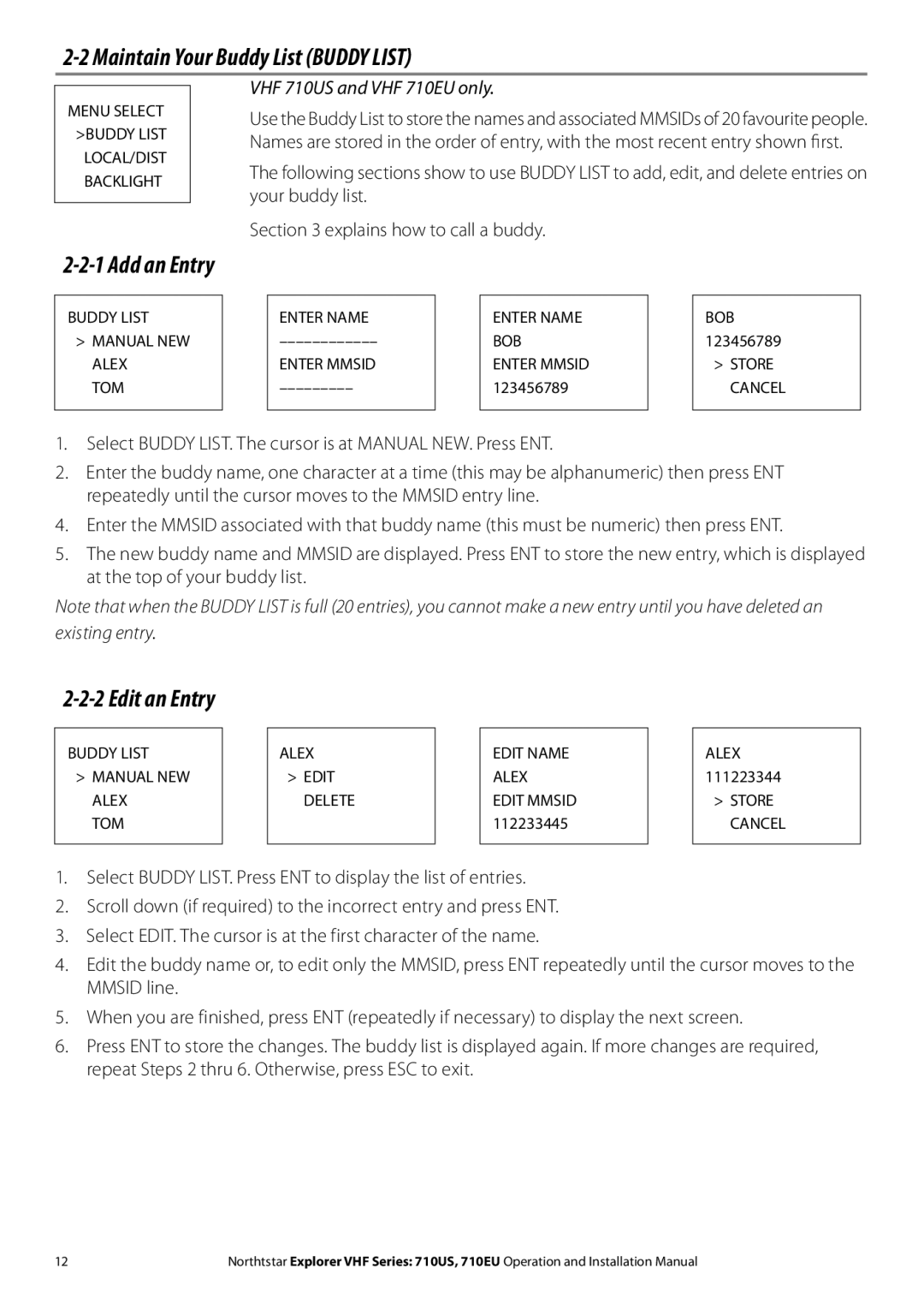 NorthStar Navigation 710 VHF installation manual Maintain Your Buddy List Buddy List, Edit an Entry 