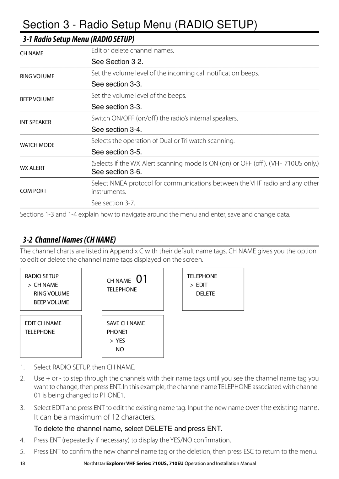 NorthStar Navigation 710 VHF installation manual Radio Setup Menu Radio Setup, Channel Names CH Name 