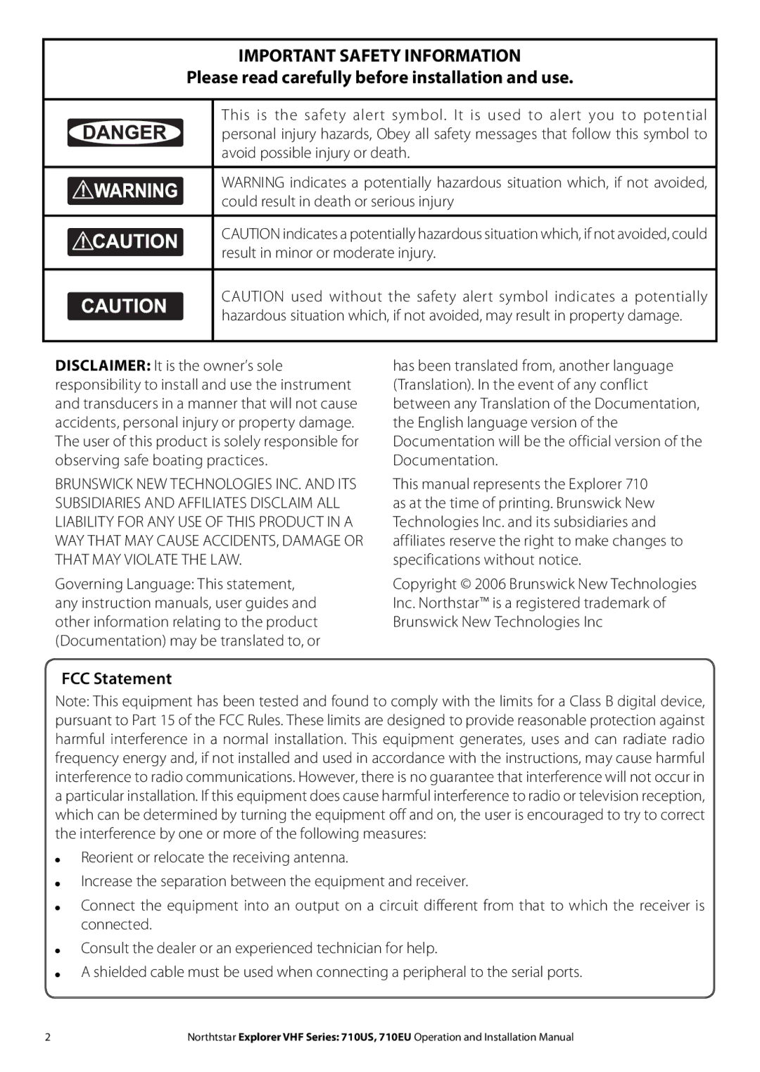 NorthStar Navigation 710 VHF installation manual Important Safety Information 